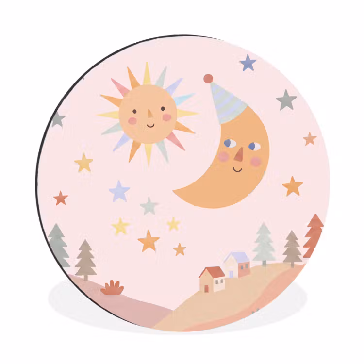 Wandcirkel - Aluminium - Zon - Maan - Sterren - Kinderkamer - Pastel — 1