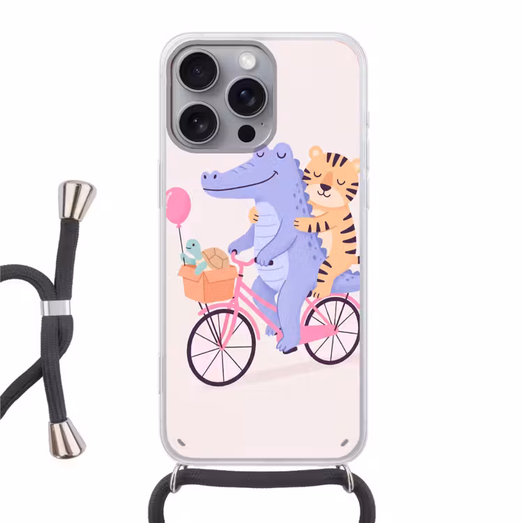 Telefoonhoesje met koord - Dieren - Fiets - Vriendschap - Illustratie - Roze — 1
