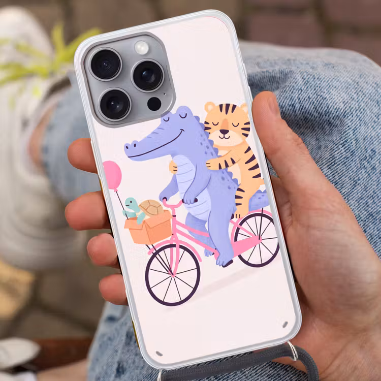 Telefoonhoesje met koord - Dieren - Fiets - Vriendschap - Illustratie - Roze — 2