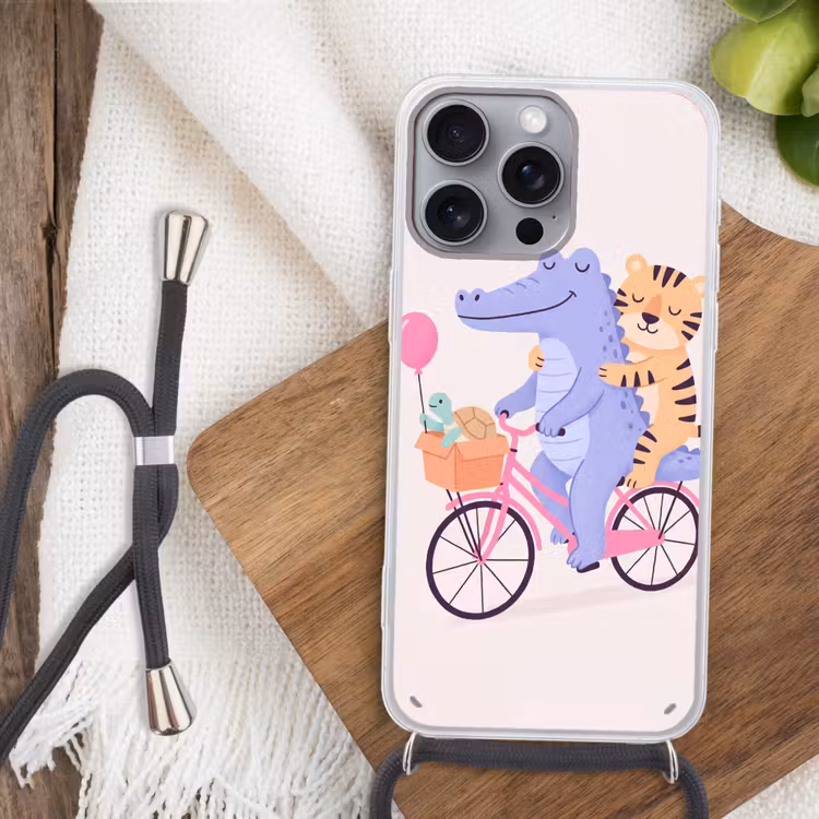 Telefoonhoesje met koord - Dieren - Fiets - Vriendschap - Illustratie - Roze — 3