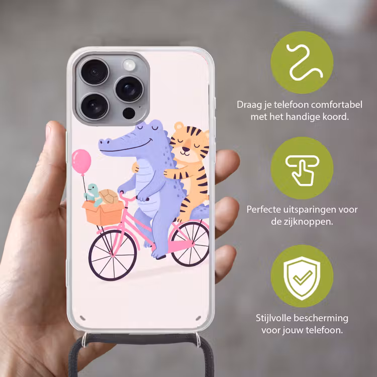 Telefoonhoesje met koord - Dieren - Fiets - Vriendschap - Illustratie - Roze — 4