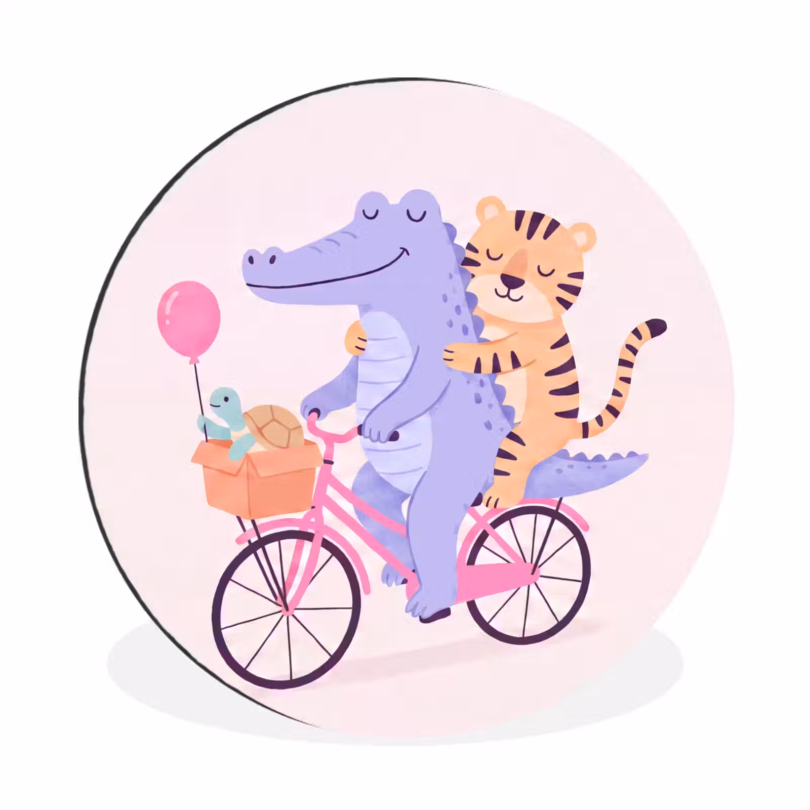 Wandcirkel - Aluminium - Dieren - Fiets - Vriendschap - Illustratie - Roze — 1
