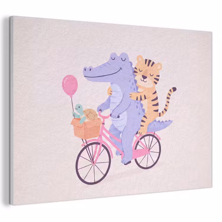Akoestisch schilderij - Dieren - Fiets - Vriendschap - Illustratie - Roze — 1