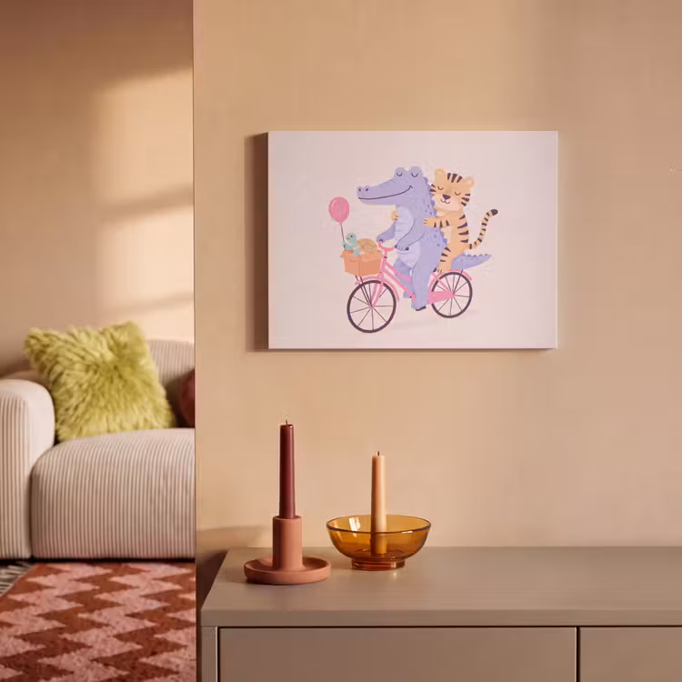 Akoestisch schilderij - Dieren - Fiets - Vriendschap - Illustratie - Roze — 2