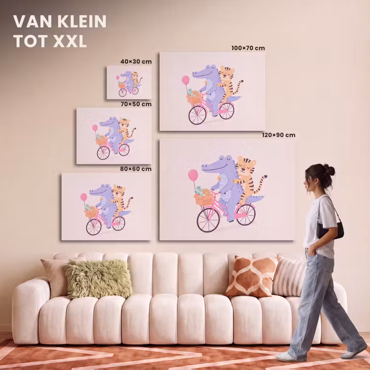 Akoestisch schilderij - Dieren - Fiets - Vriendschap - Illustratie - Roze — 7