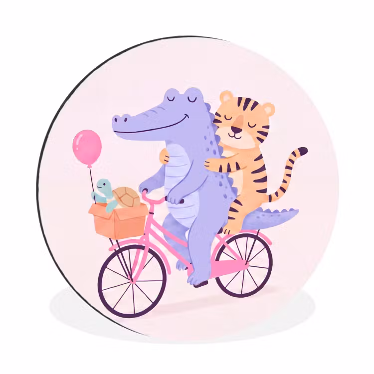 Wandcirkel - Aluminium - Dieren - Fiets - Vriendschap - Illustratie - Roze — 1