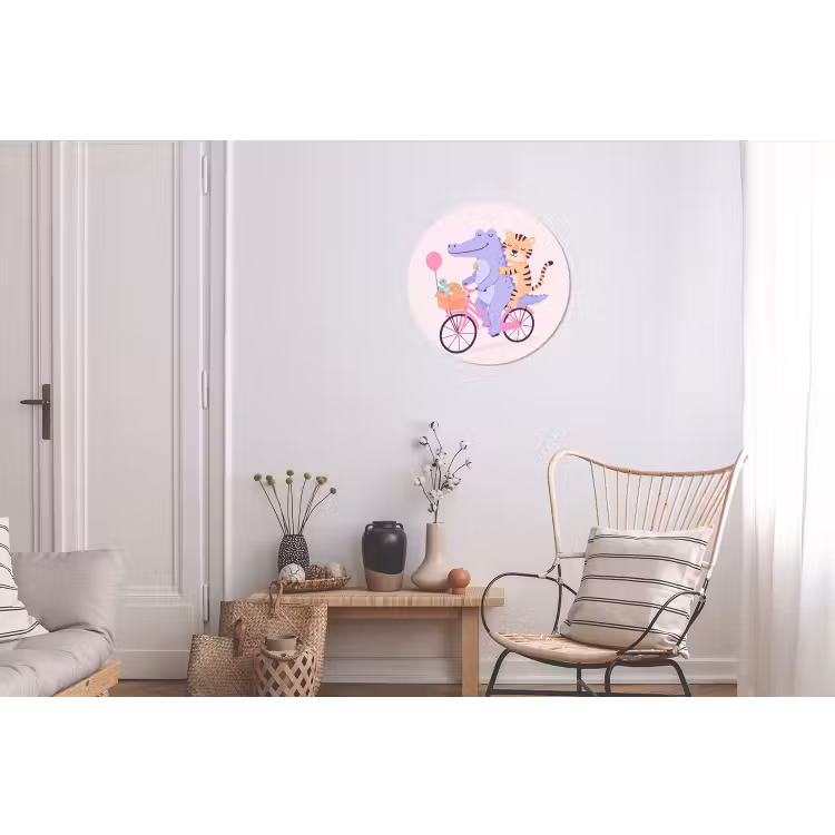 Wandcirkel - Aluminium - Dieren - Fiets - Vriendschap - Illustratie - Roze — 2