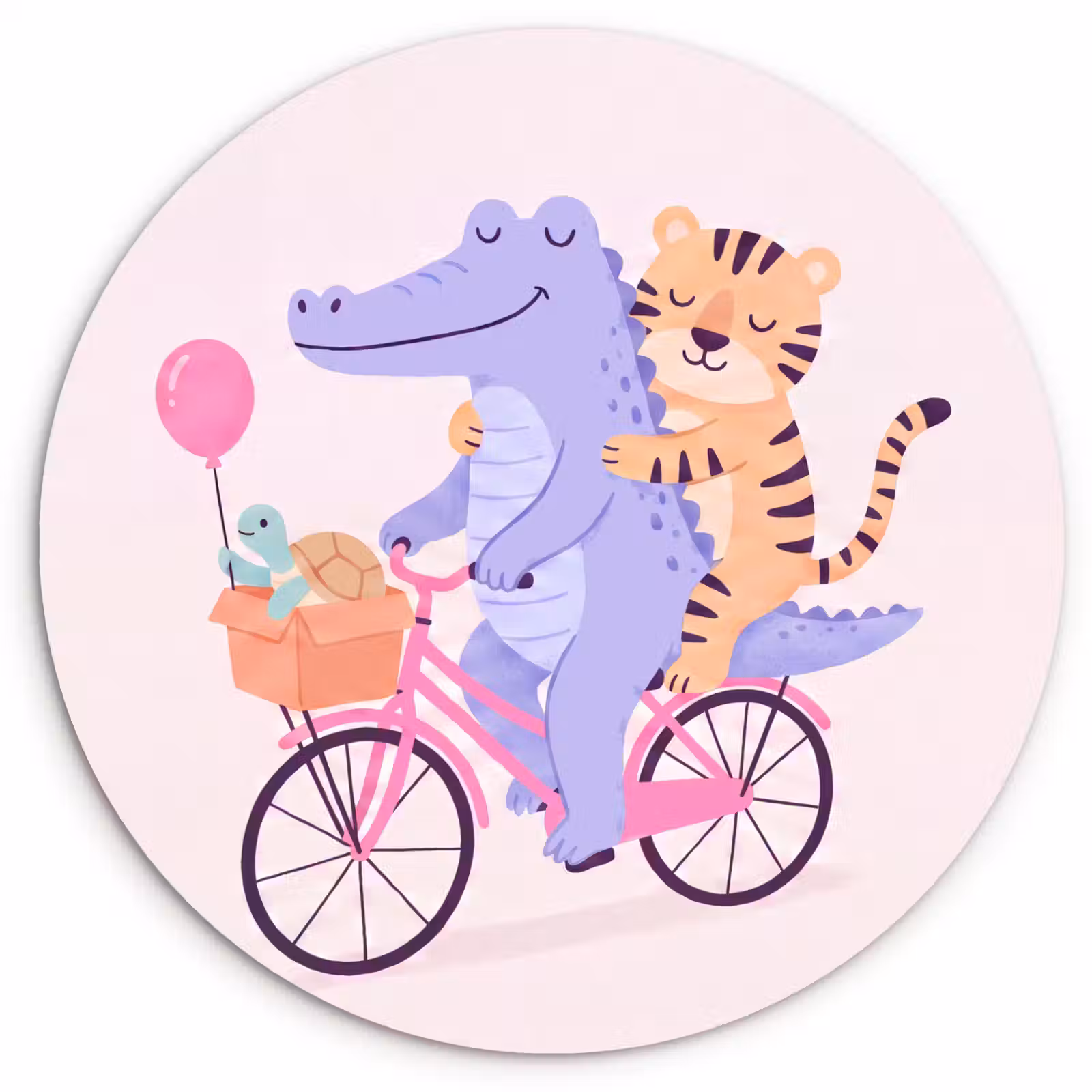 Wandcirkel - Glas - Dieren - Fiets - Vriendschap - Illustratie - Roze — 1