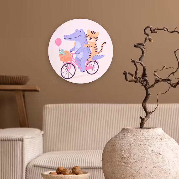 Wandcirkel - Glas - Dieren - Fiets - Vriendschap - Illustratie - Roze — 2