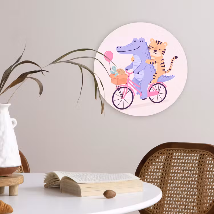Wandcirkel - Glas - Dieren - Fiets - Vriendschap - Illustratie - Roze — 4