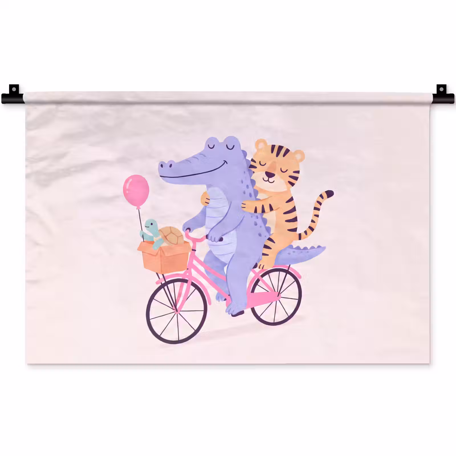 Wandkleed - Dieren - Fiets - Vriendschap - Illustratie - Roze — 1