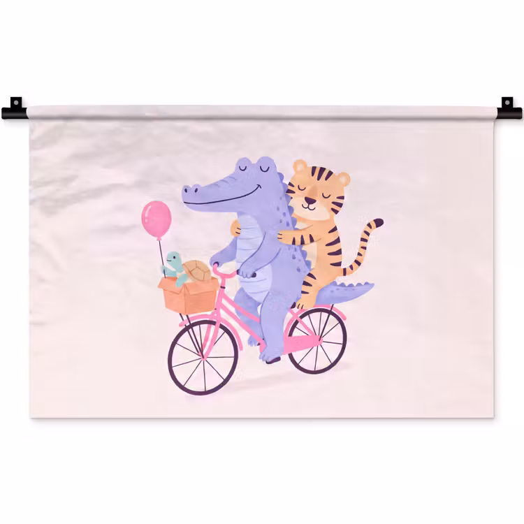 Wandkleed - Dieren - Fiets - Vriendschap - Illustratie - Roze — 1