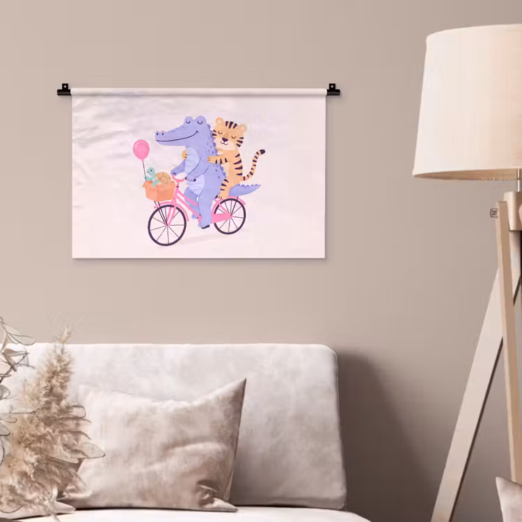 Wandkleed - Dieren - Fiets - Vriendschap - Illustratie - Roze — 2