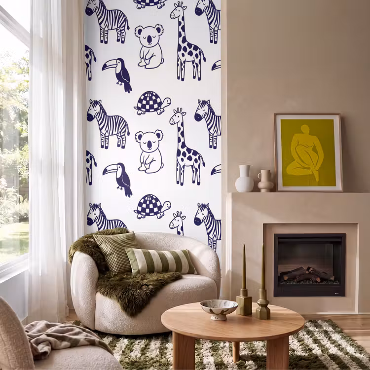 Behang - Dieren - Patroon - Kinderkamer - Grafisch - Wit-Blauw — 1