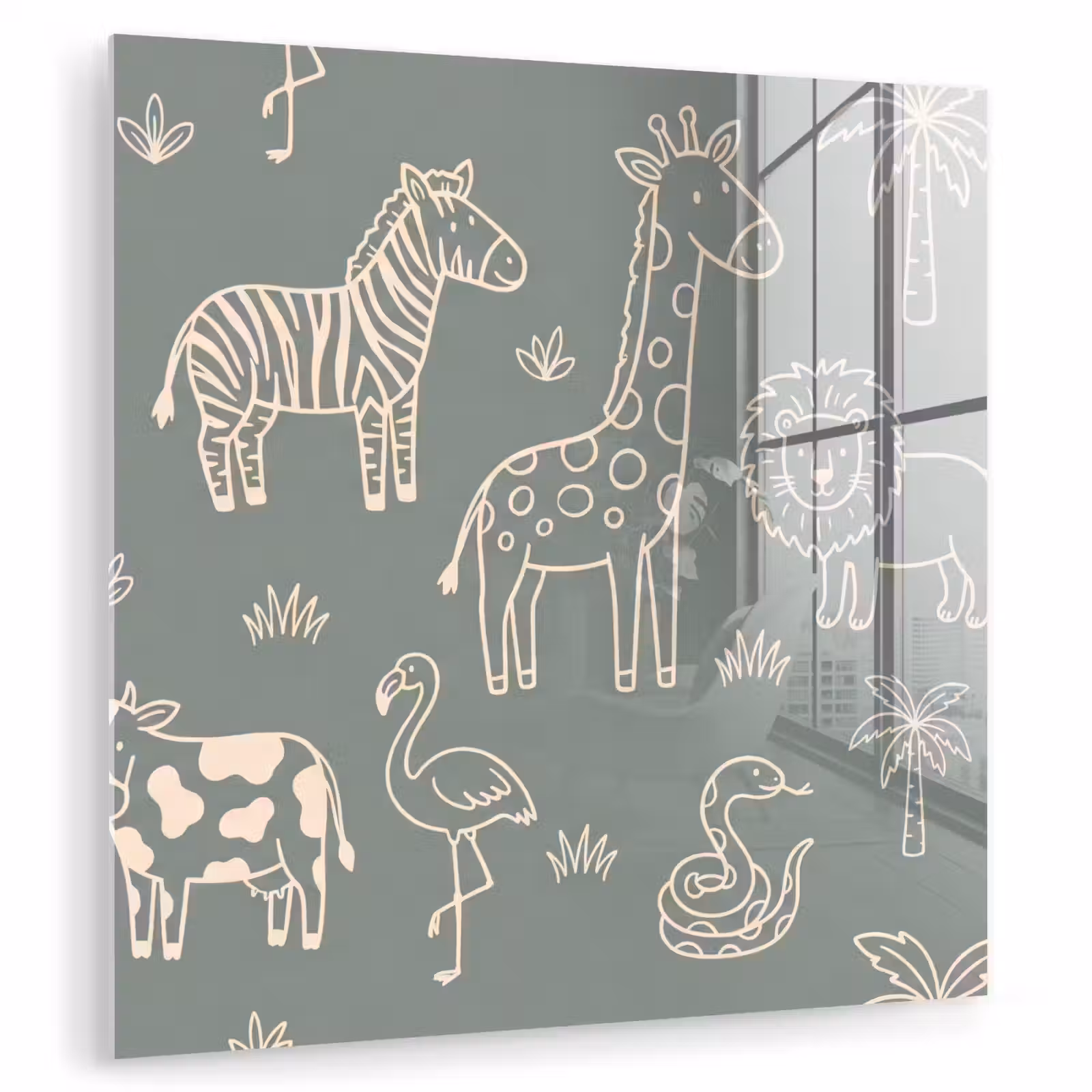 Glas schilderij - Dieren - Safari - Patroon - Illustratie - Groen — 1