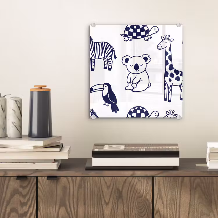 Glas schilderij - Dieren - Patroon - Kinderkamer - Grafisch - Wit-Blauw — 2
