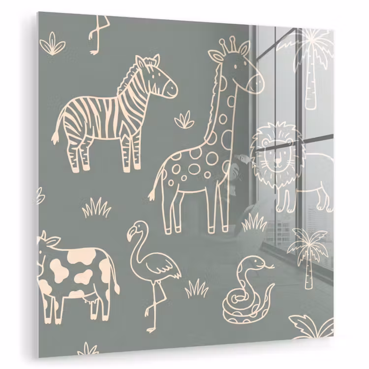 Glas schilderij - Dieren - Safari - Patroon - Illustratie - Groen — 1