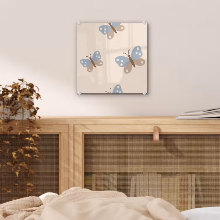 Glas schilderij - Insect - Vlinderpatroon - Abstract - Blauw - Beige — 5