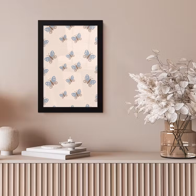 Poster met lijst - Insect - Vlinderpatroon - Abstract - Blauw - Beige — 5