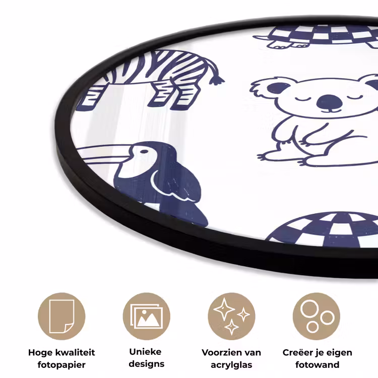 Ronde fotolijst - Dieren - Patroon - Kinderkamer - Grafisch - Wit-Blauw — 2