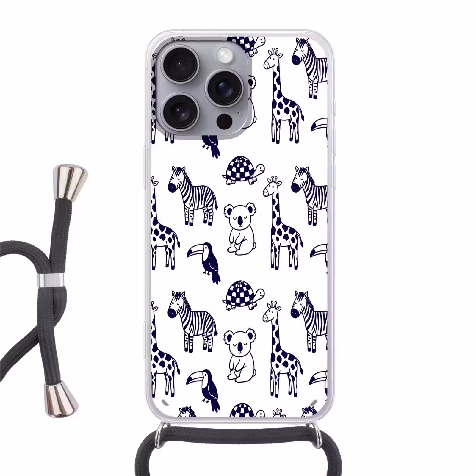 Telefoonhoesje met koord - Dieren - Patroon - Kinderkamer - Grafisch - Wit-Blauw — 1