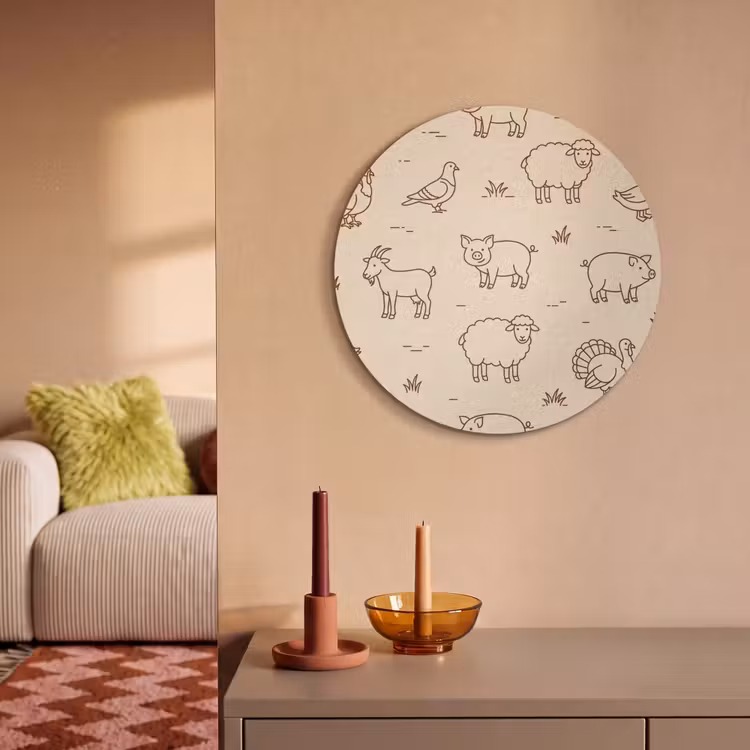 Akoestisch schilderij rond - Dieren - Patroon - Boerderij - Minimalistisch - Beige — 2
