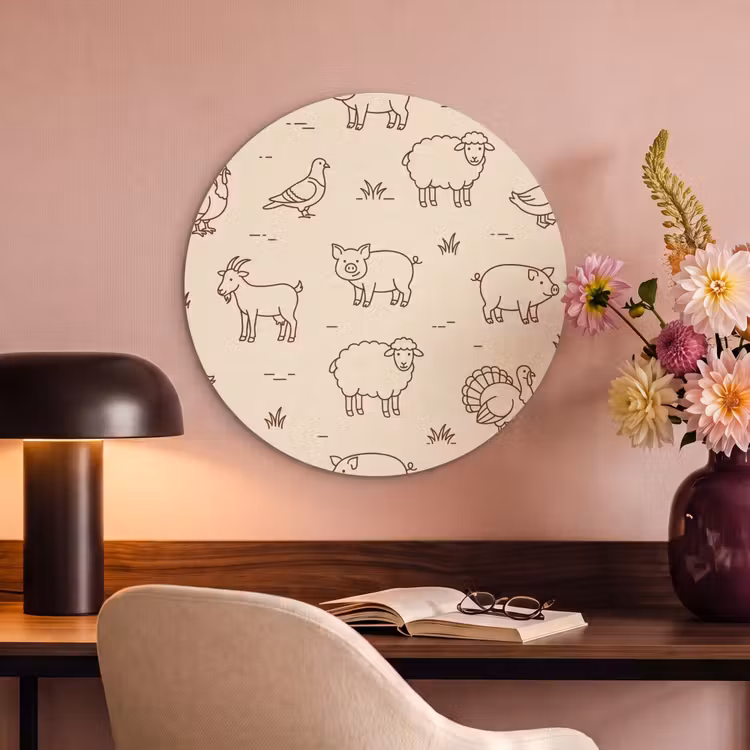Akoestisch schilderij rond - Dieren - Patroon - Boerderij - Minimalistisch - Beige — 6