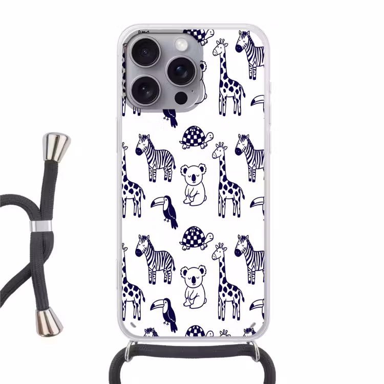 Telefoonhoesje met koord - Dieren - Patroon - Kinderkamer - Grafisch - Wit-Blauw — 1