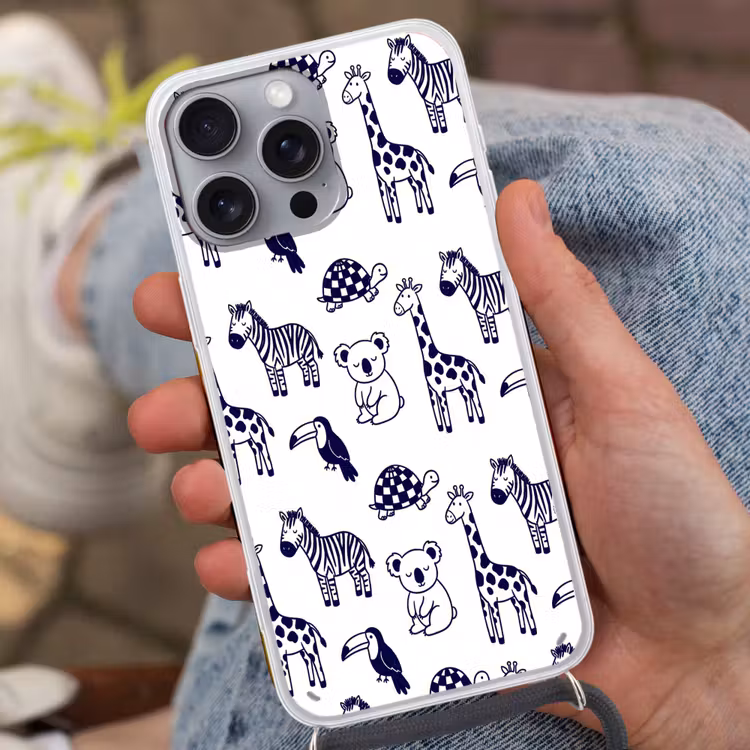 Telefoonhoesje met koord - Dieren - Patroon - Kinderkamer - Grafisch - Wit-Blauw — 2