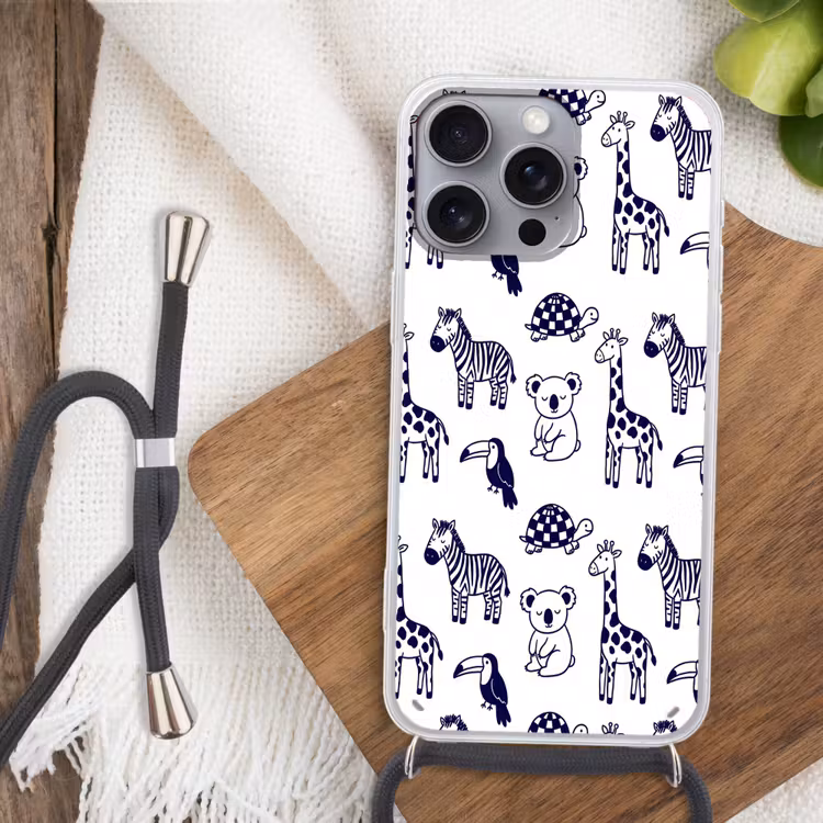 Telefoonhoesje met koord - Dieren - Patroon - Kinderkamer - Grafisch - Wit-Blauw — 3