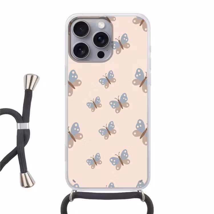 Telefoonhoesje met koord - Insect - Vlinderpatroon - Abstract - Blauw - Beige — 1