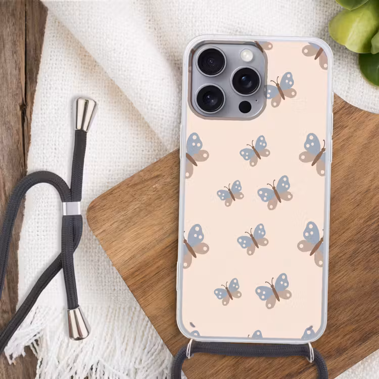 Telefoonhoesje met koord - Insect - Vlinderpatroon - Abstract - Blauw - Beige — 3