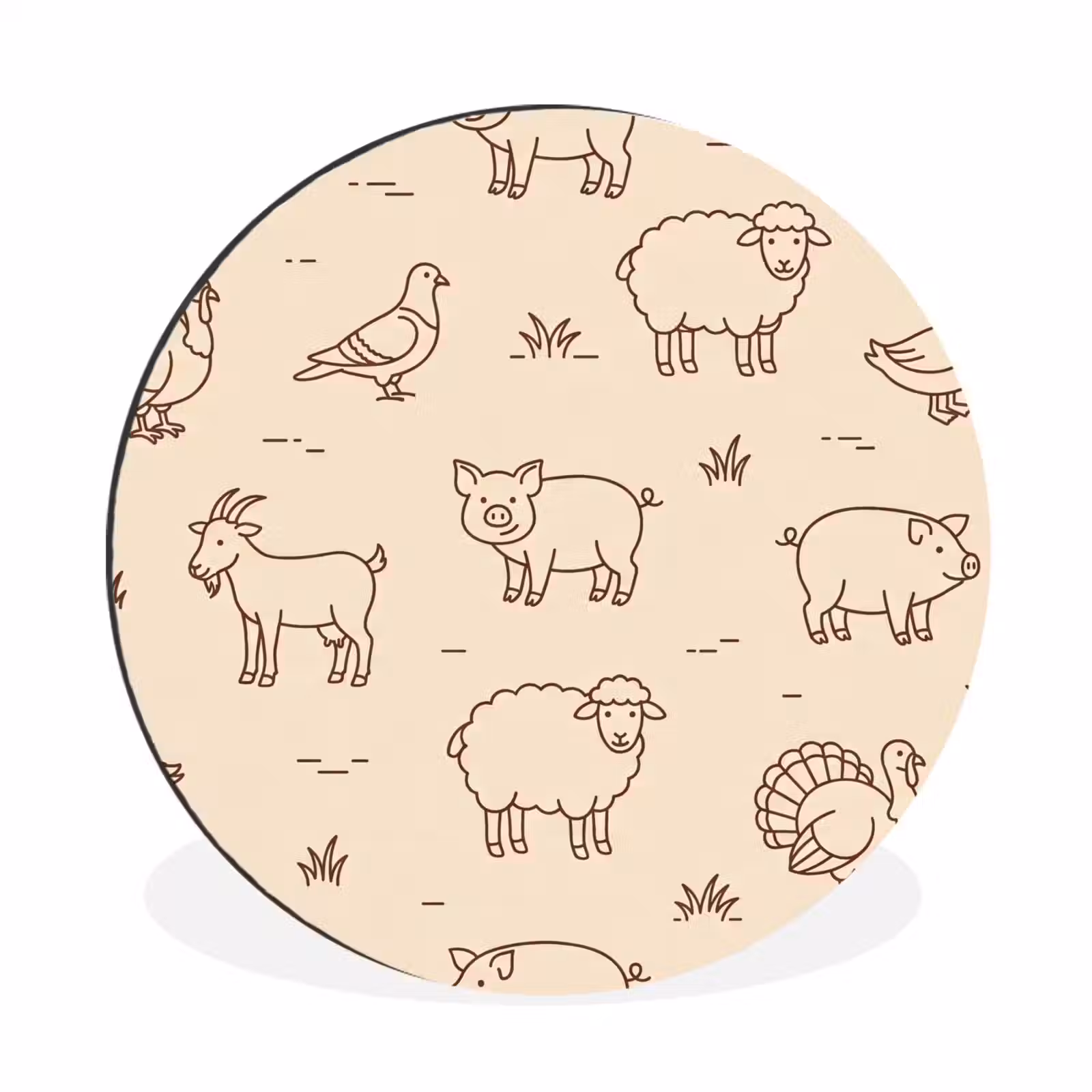 Wandcirkel - Aluminium - Dieren - Patroon - Boerderij - Minimalistisch - Beige — 1