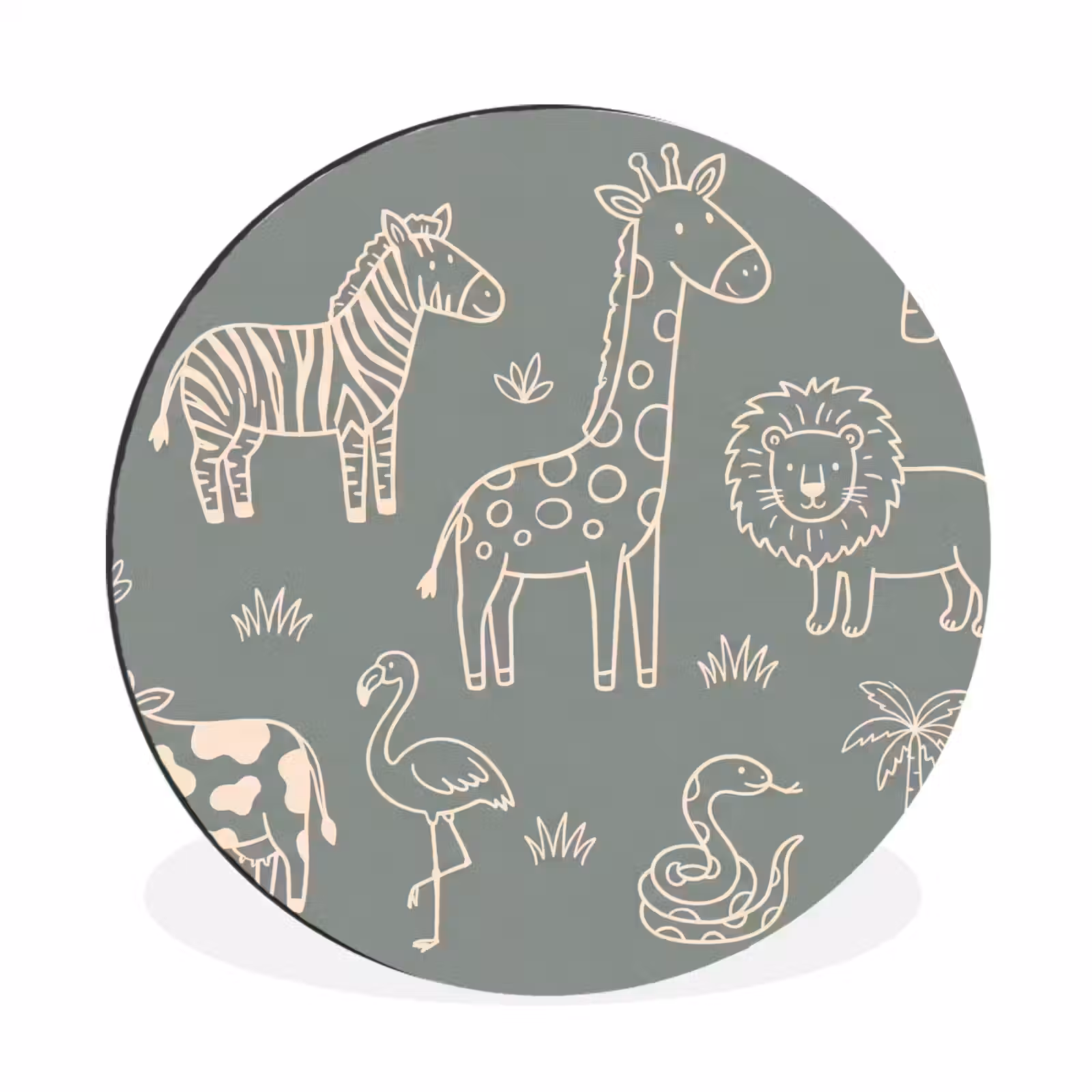 Wandcirkel - Aluminium - Dieren - Safari - Patroon - Illustratie - Groen — 1