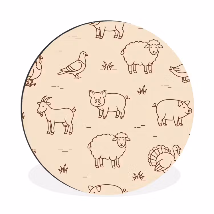 Wandcirkel - Aluminium - Dieren - Patroon - Boerderij - Minimalistisch - Beige — 1