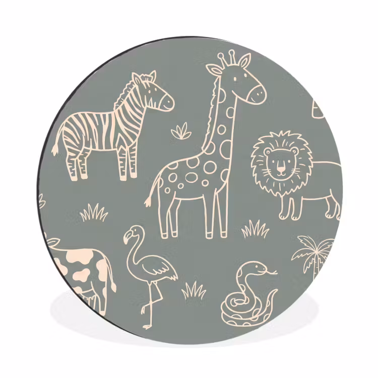 Wandcirkel - Aluminium - Dieren - Safari - Patroon - Illustratie - Groen — 1