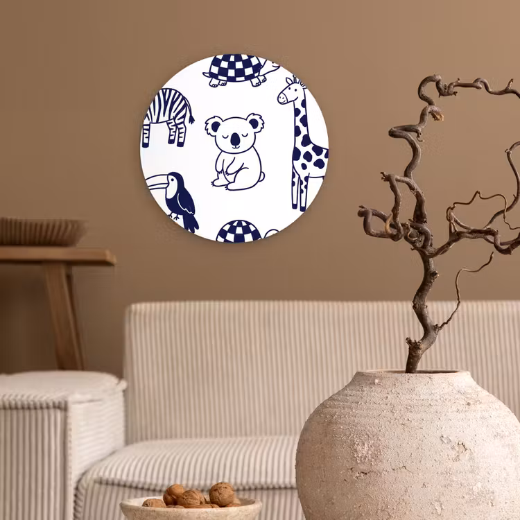 Wandcirkel - Glas - Dieren - Patroon - Kinderkamer - Grafisch - Wit-Blauw — 2