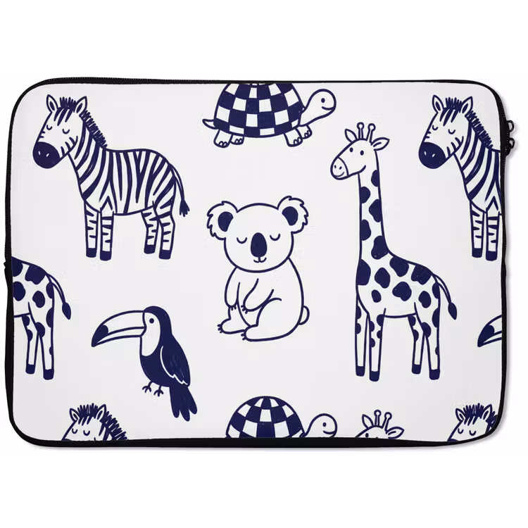 Laptophoes - Dieren - Patroon - Kinderkamer - Grafisch - Wit-Blauw — 1