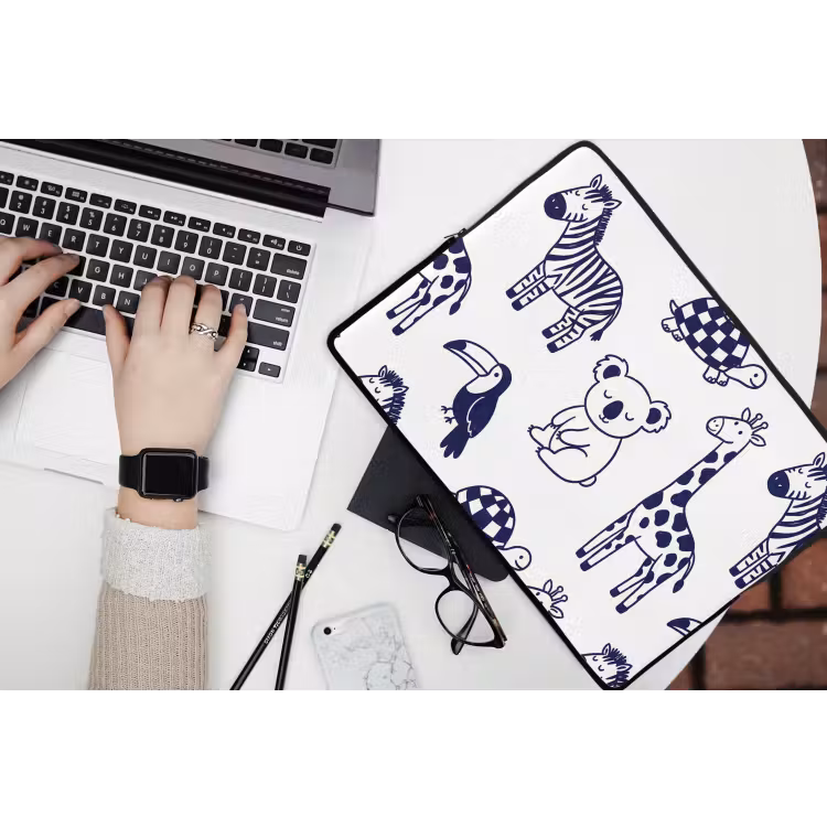 Laptophoes - Dieren - Patroon - Kinderkamer - Grafisch - Wit-Blauw — 3
