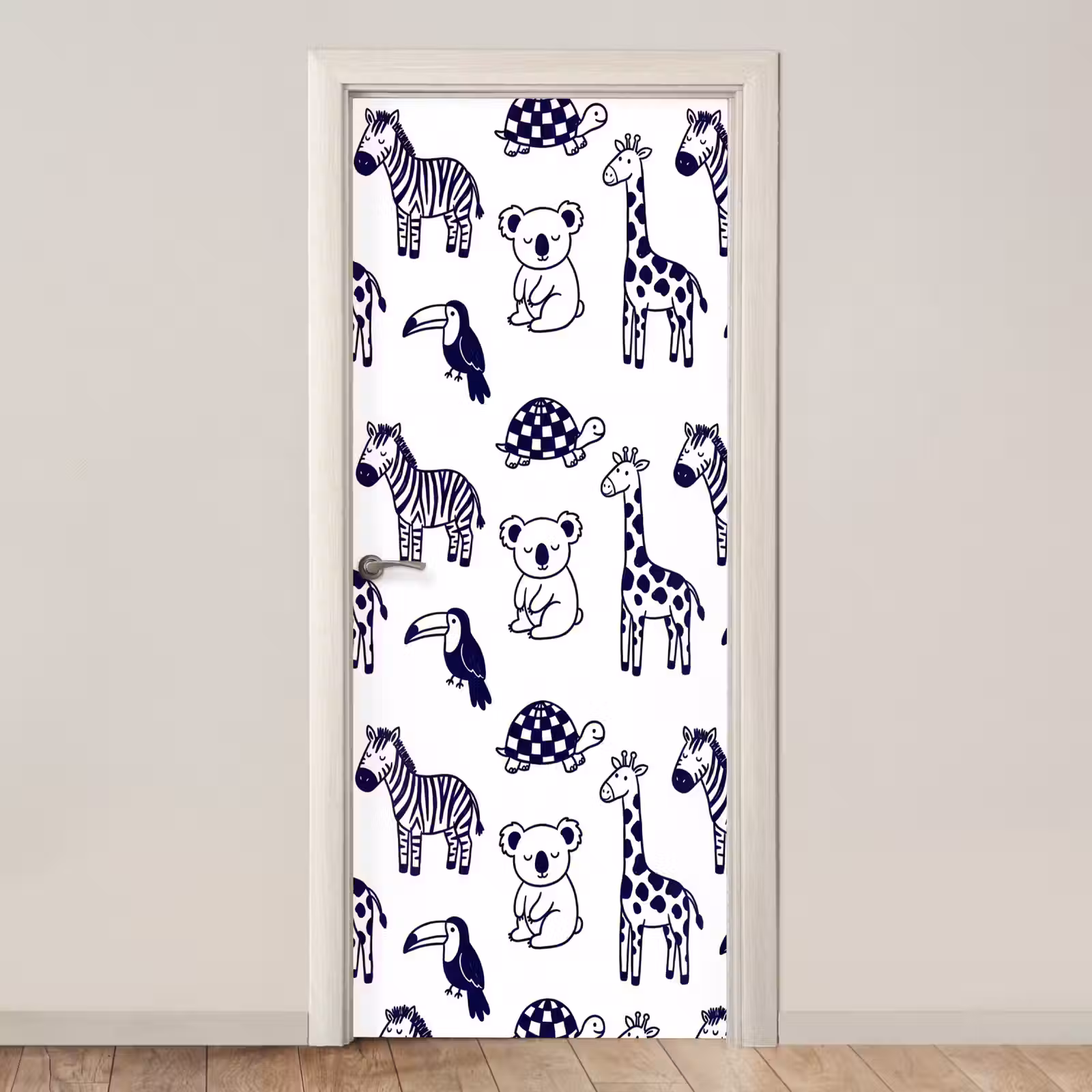 Deursticker - Dieren - Patroon - Kinderkamer - Grafisch - Wit-Blauw — 1