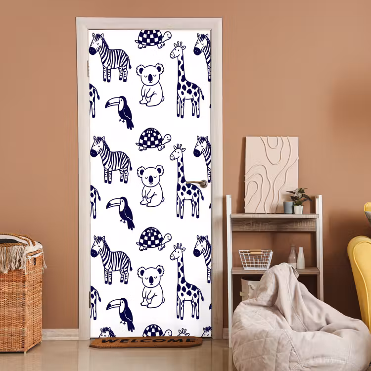 Deursticker - Dieren - Patroon - Kinderkamer - Grafisch - Wit-Blauw — 2