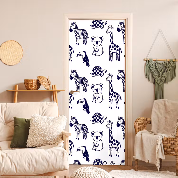 Deursticker - Dieren - Patroon - Kinderkamer - Grafisch - Wit-Blauw — 4