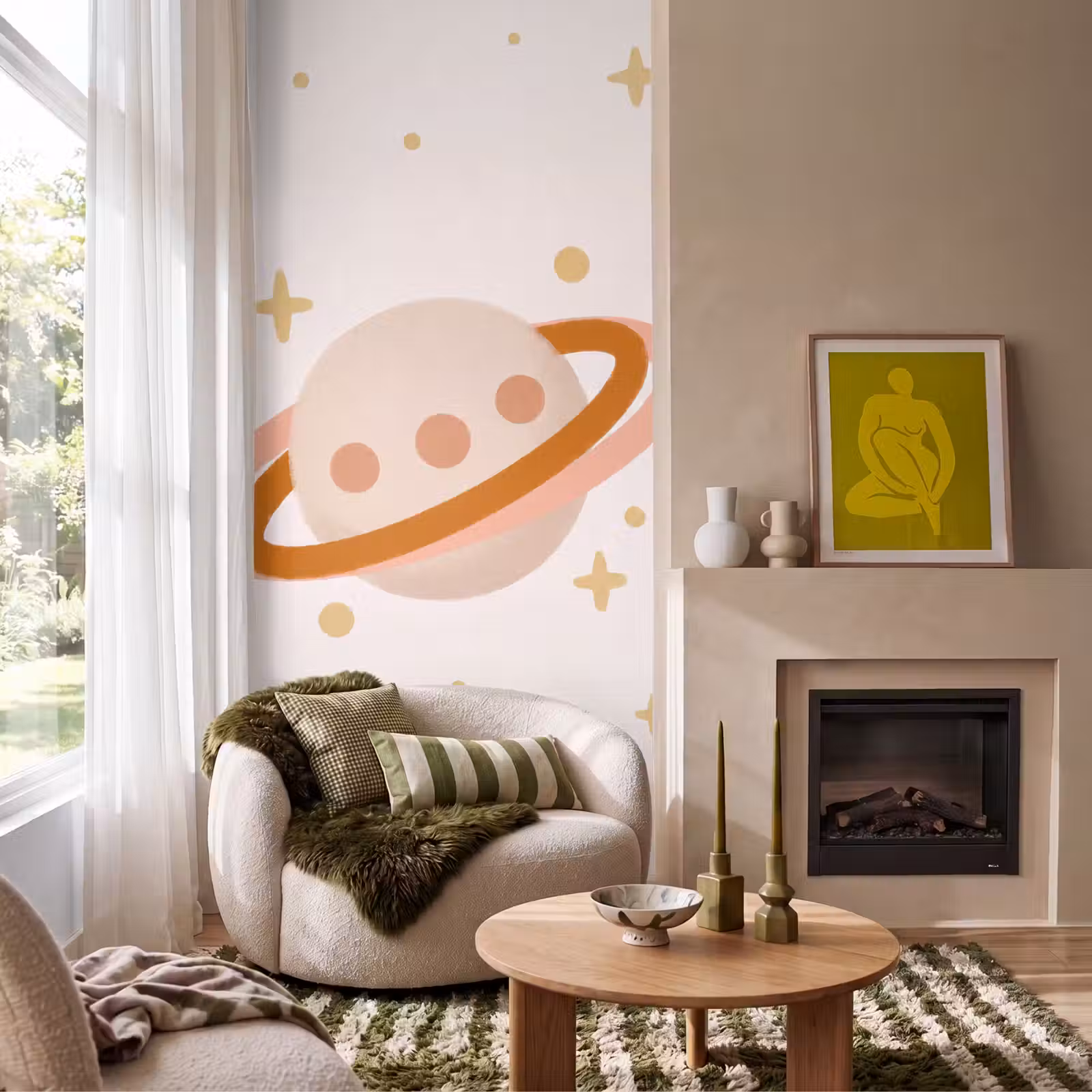 Behang - Planeet - Ringen - Ruimte - Illustratie - Beige — 1