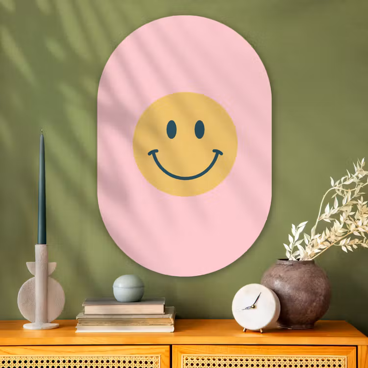 Muurovaal - Glas - Smiley - Geel - Roze - Symbool - Minimalistisch — 2