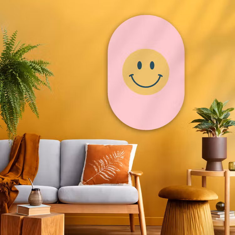 Muurovaal - Glas - Smiley - Geel - Roze - Symbool - Minimalistisch — 3