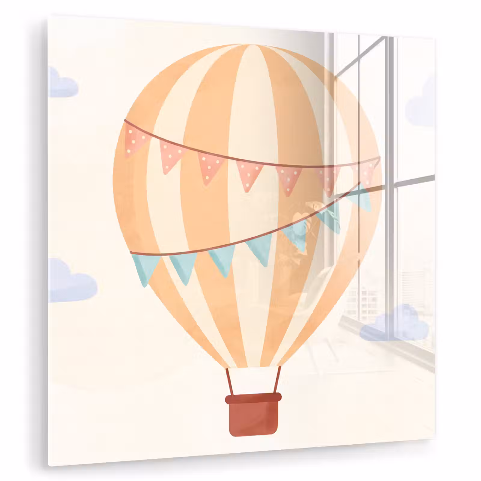 Glas schilderij - Luchtballon - Wolken - Illustratie - Zacht - Kinderkamer — 1
