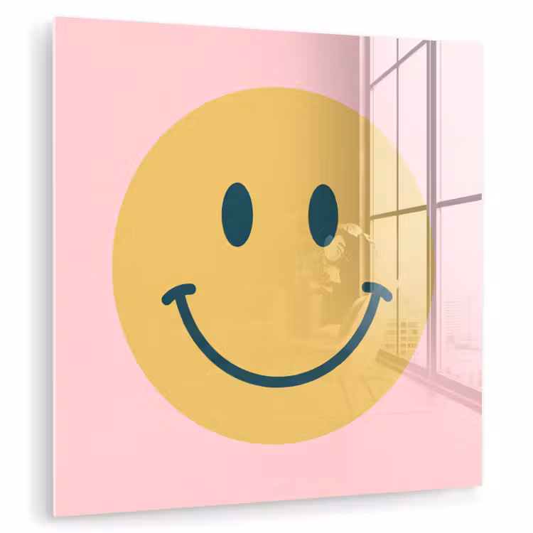 Glas schilderij - Smiley - Geel - Roze - Symbool - Minimalistisch — 1
