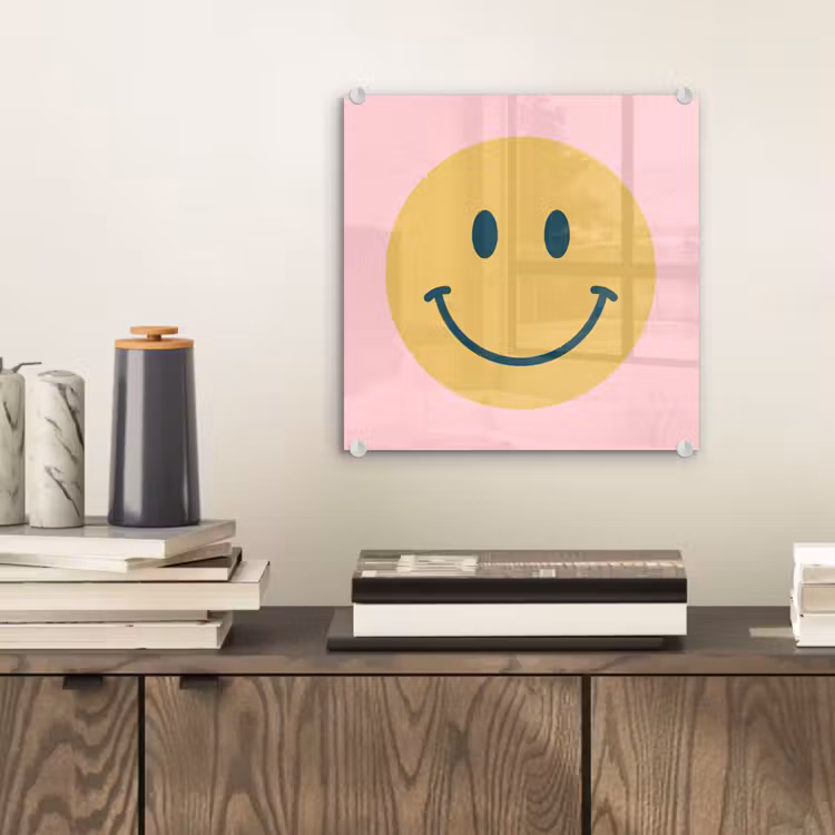 Glas schilderij - Smiley - Geel - Roze - Symbool - Minimalistisch — 2