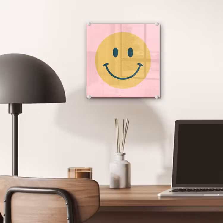 Glas schilderij - Smiley - Geel - Roze - Symbool - Minimalistisch — 7