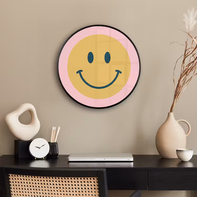 Ronde fotolijst - Smiley - Geel - Roze - Symbool - Minimalistisch — 3